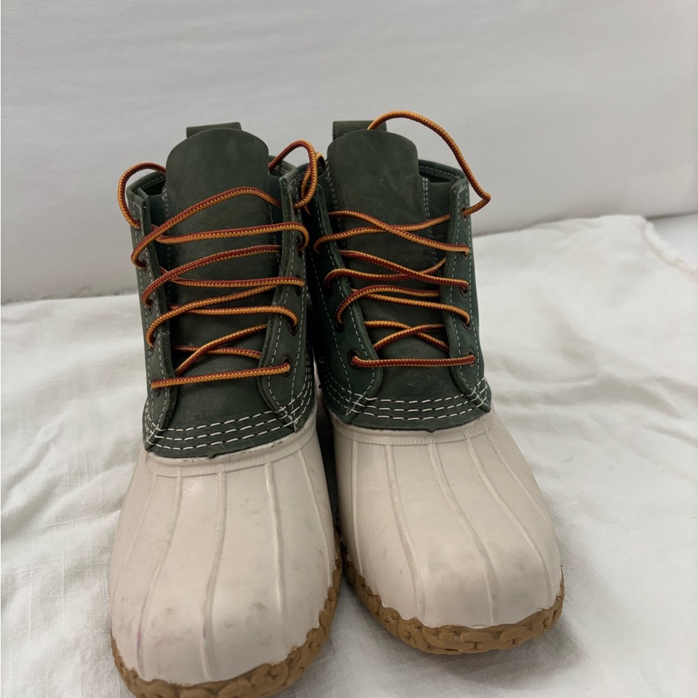 L.L. Bean Green and Cream Duck Boots